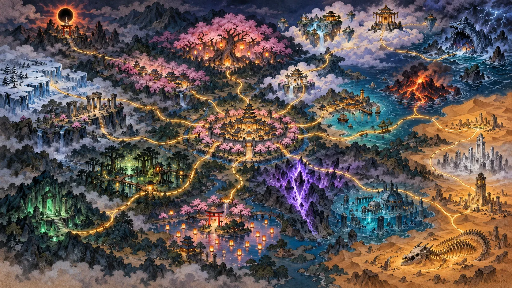 O mundo de Tsukimori, do Bosque das Lanternas às Ilhas Flutuantes.
